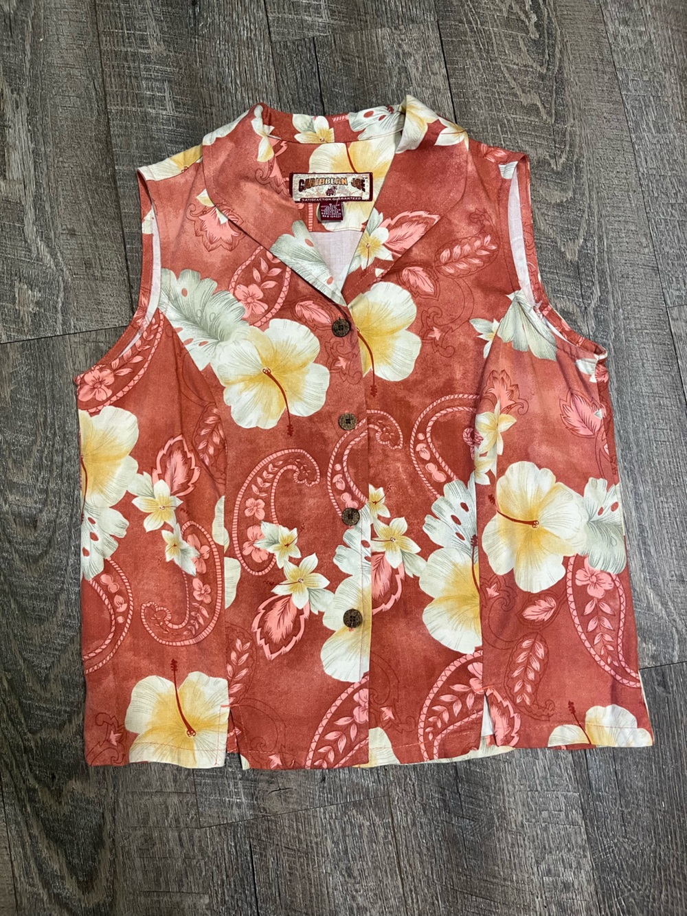 Caribbean Joe Coral Floral Camp Shirt with Cream & Yellow Accents